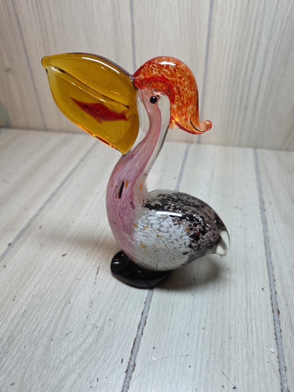 Vtg Murano? Art Blown Glass Pelican W/Gold Fish In Beak 7” Multicolored Bird